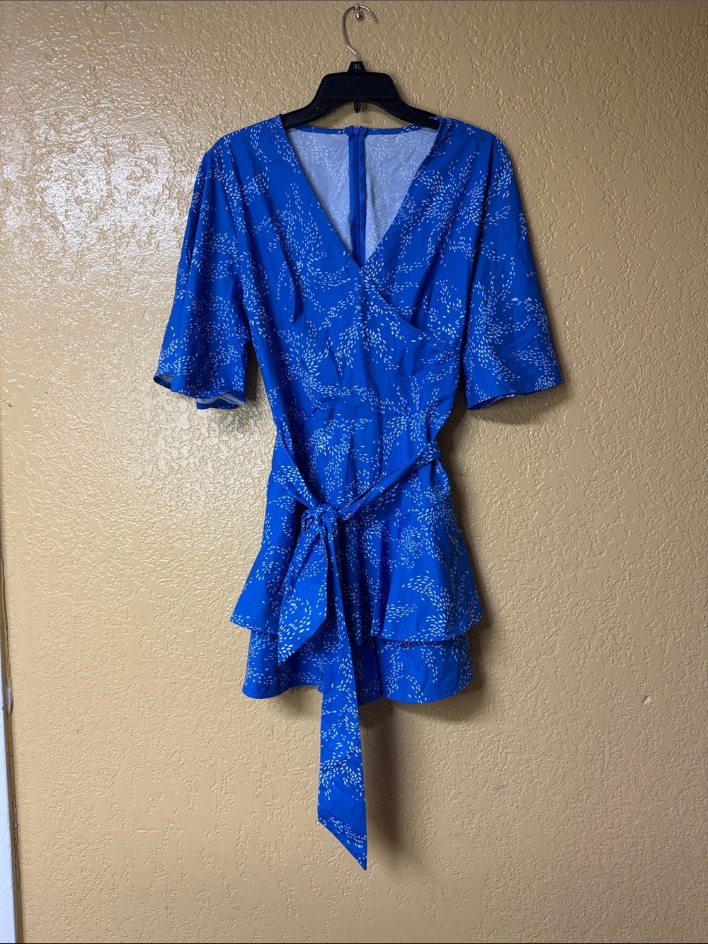 Blue Printed Wrap Romper with Tie Waist